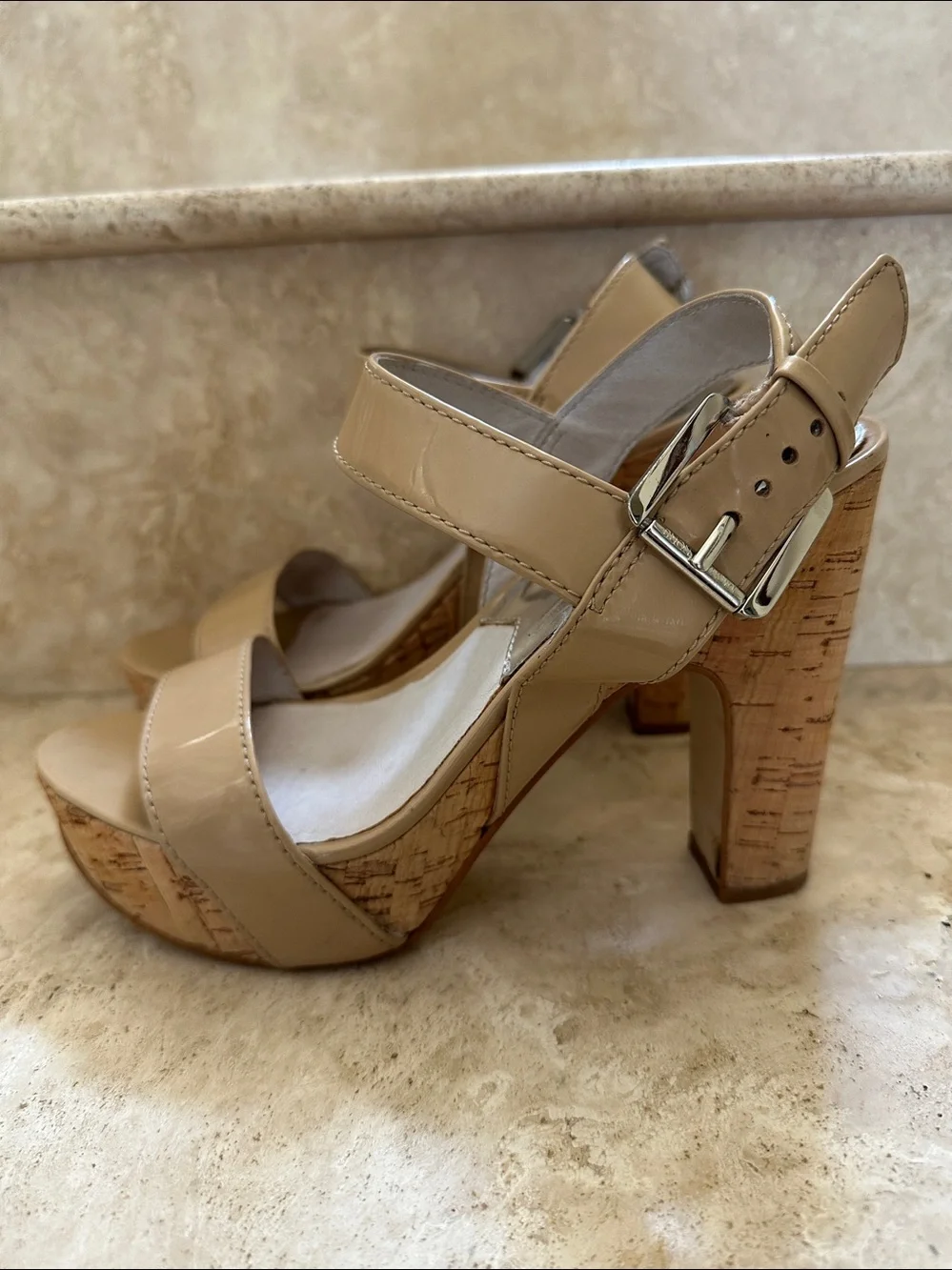 MICHAEL Michael Kors IVANA Nude Patent Leather Cork Platform Sandals - Size 7M